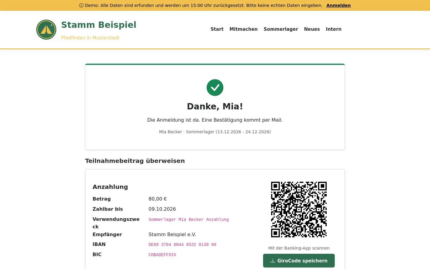 Bestätigungsseite nach der Lageranmeldung mit Zahlungsplan und GiroCode