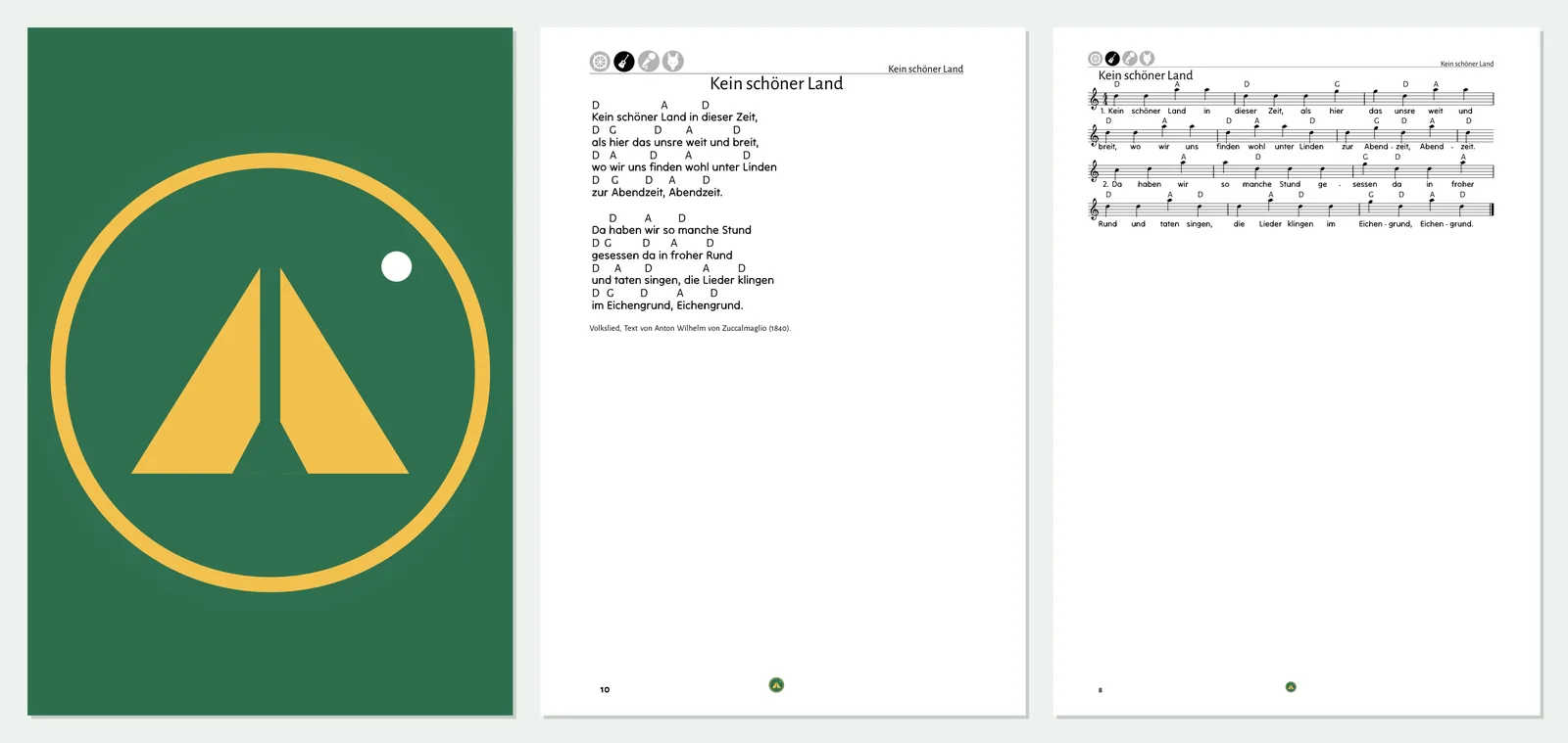Liederbuch-PDF mit Titelseite, Liedtext mit Akkorden und Notensatz